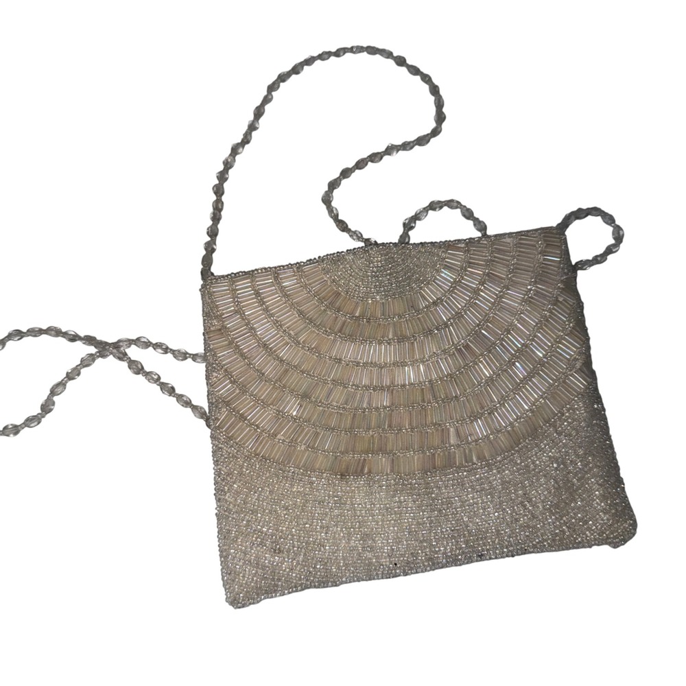 MOYNA Elegant Beaded‎ Evening Clutch Bag Chain Strap Silver White Pearl Accents